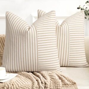 Striped Cream and Tan Throw Pillow Covers Pair 20x20”